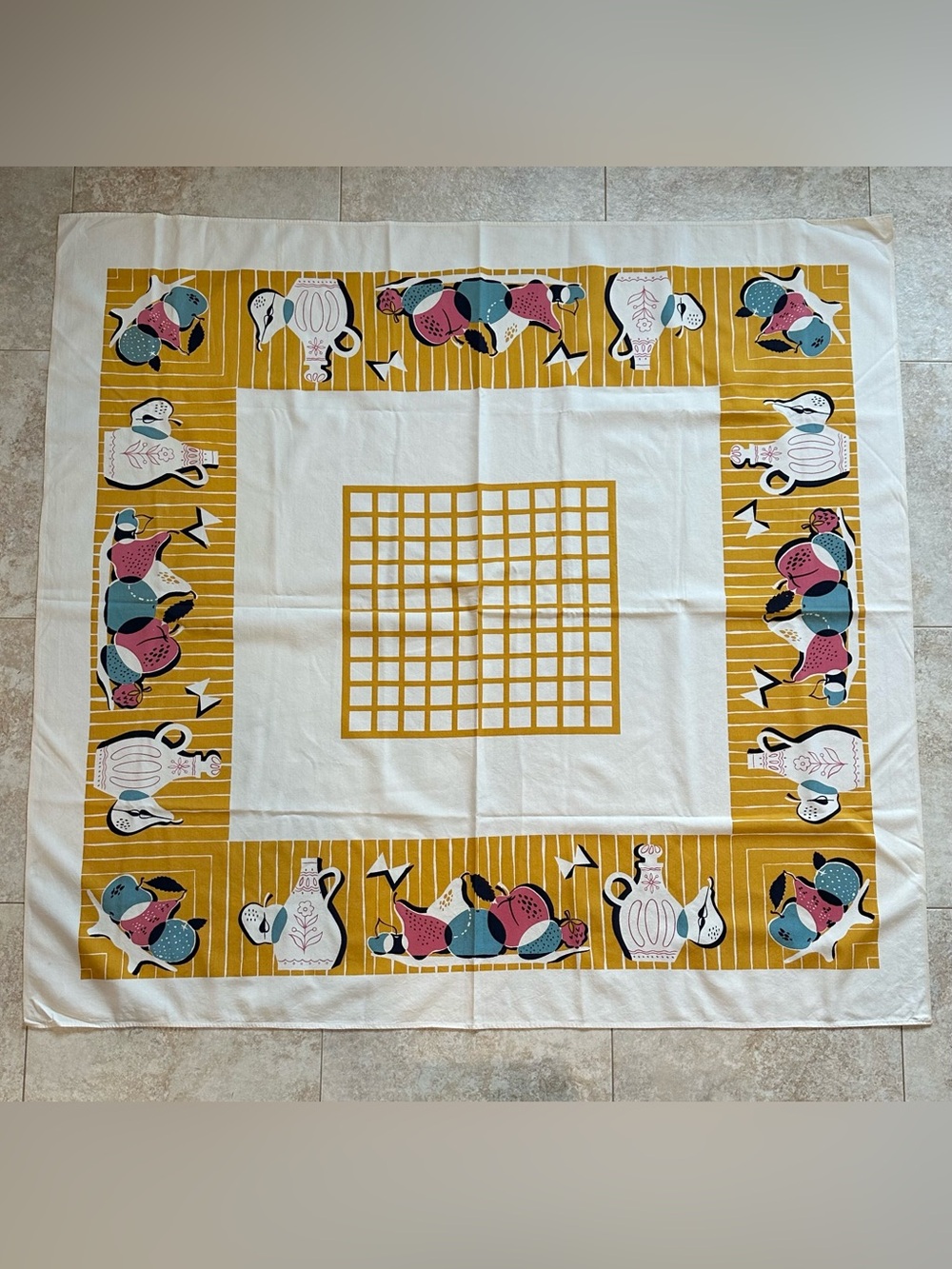 Vintage MCM retro 46” x 49” tablecloth card table fruit border gold blue pink